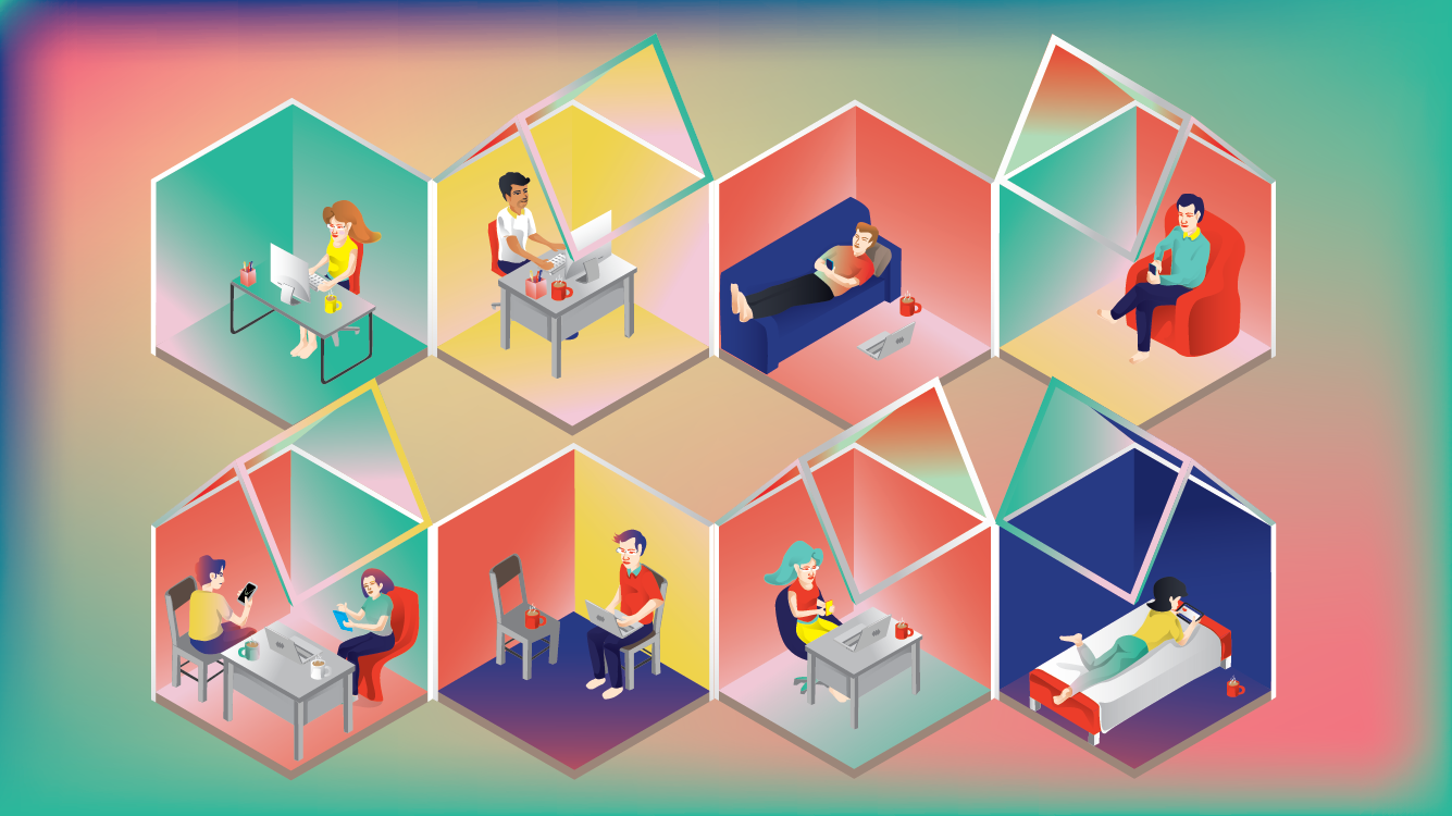 Together while Apart Illustration - People meeting in different rooms using various devices