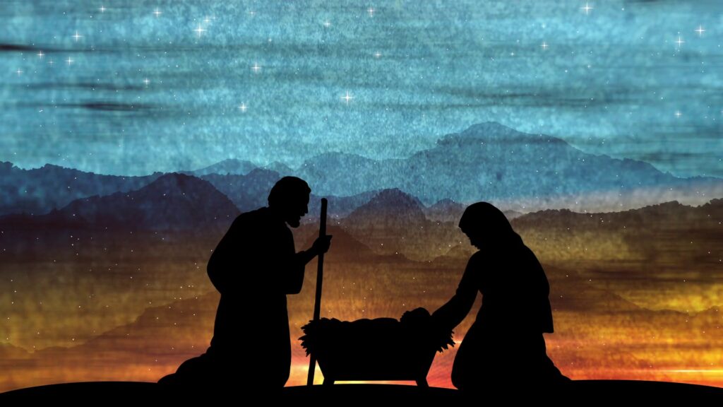 Advent painting of Mary, Joseph, and the baby Jesus in silhouette