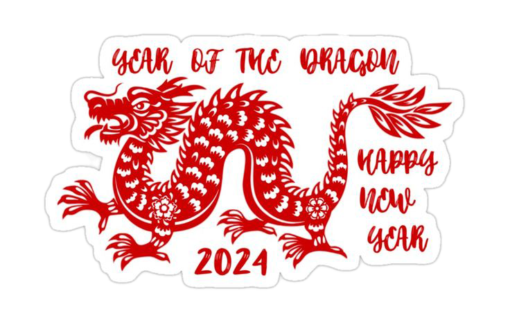 A drawing of a red Chinese dragon facing left. Around it is written "Year of the Dragon," "Happy New Year," and "2024" in clockwise formation.